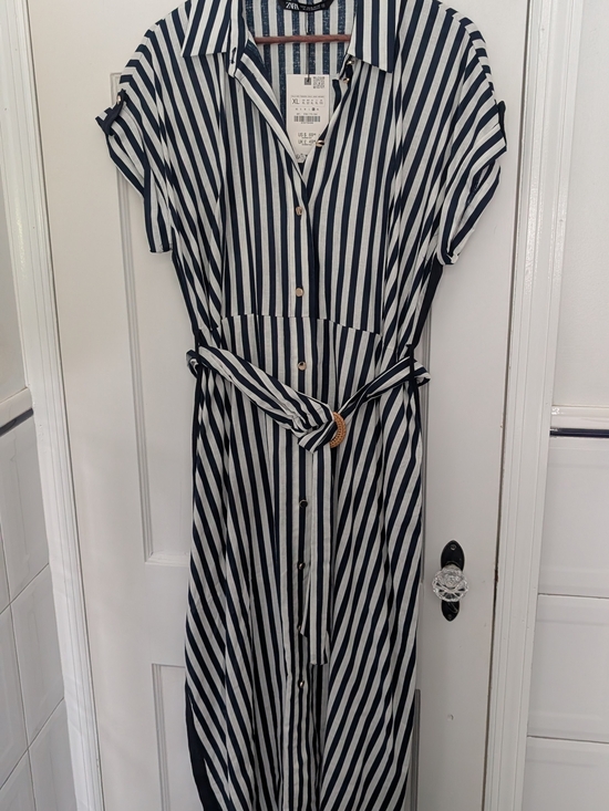 Zara Dresses & Skirts - Zara Navy and White Stripe Button-Front Shirt Dress